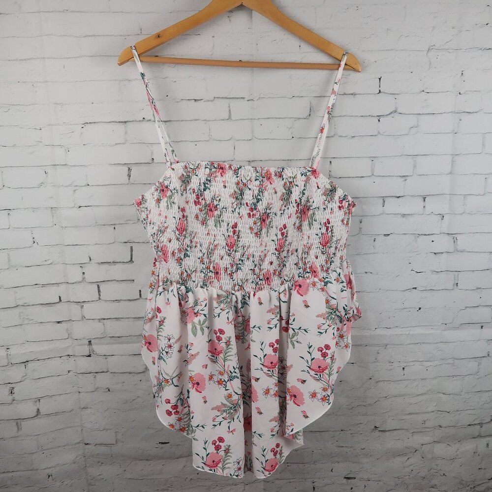 JORESS CURVE WHITE WITH PINK FLORAL PRINT SMOCK TOP WITH ADJUSTABLE STRAPS 4XL